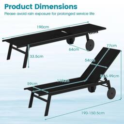EONLION Patio Chaise Lounge Chair Set of 2 in Black - Size: 100 cm - thumbnail 2