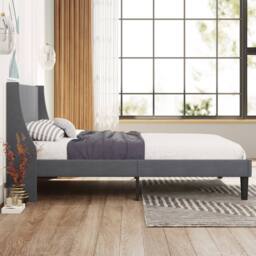 ModernLuxe Linen upholstered single bed with winged headboard & wood slats in Grey - thumbnail 2