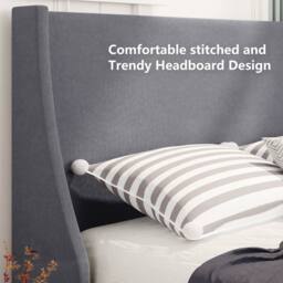 ModernLuxe Linen upholstered single bed with winged headboard & wood slats in Grey - thumbnail 5