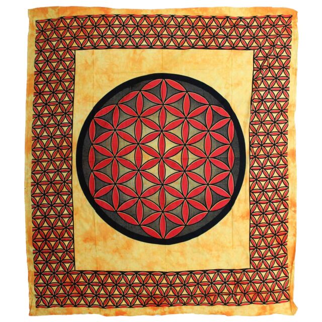 KDMD Double Cotton Bedspread + Wall Hanging - Flower of Life - Orange