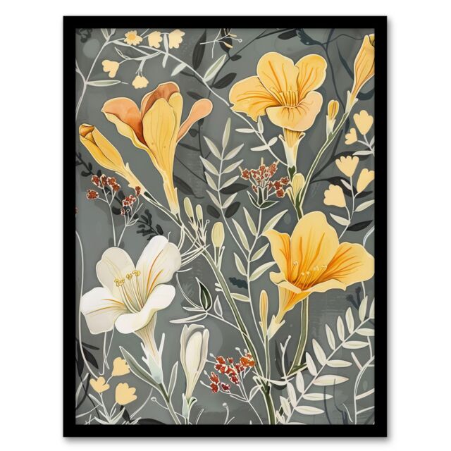 "Artery8 Dark Freesia Flowers Painting Wildflowers Bloom Framed Art Print in Yellow - Size: W12"" x H16""" - image 1