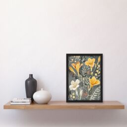 "Artery8 Dark Freesia Flowers Painting Wildflowers Bloom Framed Art Print in Yellow - Size: W12"" x H16""" - thumbnail 4