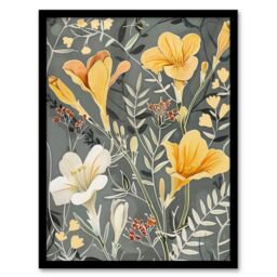 "Artery8 Dark Freesia Flowers Painting Wildflowers Bloom Framed Art Print in Yellow - Size: W12"" x H16""" - thumbnail 1