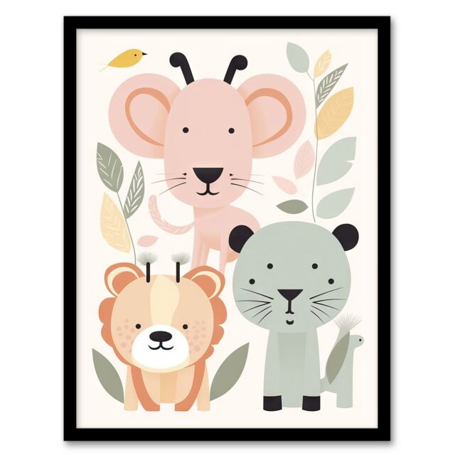 "Artery8 Wall Art Print Cute Zoo Baby Animals Pastel Colour Graphic Artwork Jungle Forest Friends Kids Bedroom Painting Art Framed - Size: W12"" x H16""" - image 1