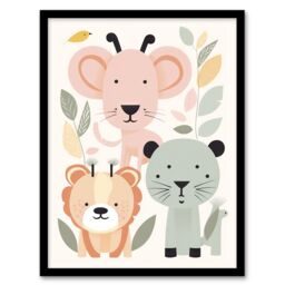 "Artery8 Wall Art Print Cute Zoo Baby Animals Pastel Colour Graphic Artwork Jungle Forest Friends Kids Bedroom Painting Art Framed - Size: W12"" x H16""" - thumbnail 1