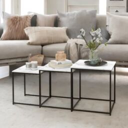Rafaelo Mobilia Set Of 3 Square Nesting Tables Marble Effect in White - thumbnail 1