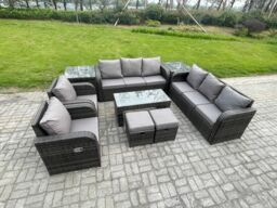 Fimous Wicker PE Rattan Sofa Set 10 Seater Outdoor Patio Garden Furniture Set with 2 Reclining Chairs Coffee Table 2 Side Tables in Dark Grey - thumbnail 2