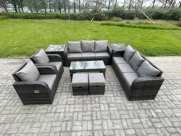 Fimous Wicker PE Rattan Sofa Set 10 Seater Outdoor Patio Garden Furniture Set with 2 Reclining Chairs Coffee Table 2 Side Tables in Dark Grey - thumbnail 1