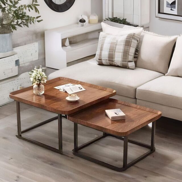 FURNOS 2PC Industrial Square Nesting Tables Living Room Furniture in Brown - image 1