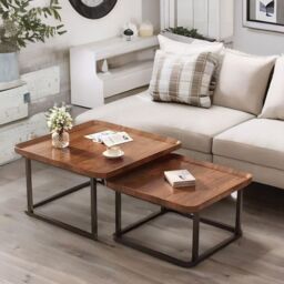 FURNOS 2PC Industrial Square Nesting Tables Living Room Furniture in Brown - thumbnail 1