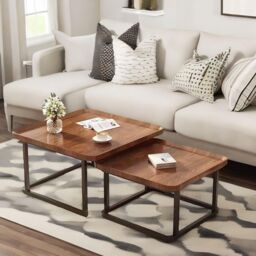 FURNOS 2PC Industrial Square Nesting Tables Living Room Furniture in Brown - thumbnail 5