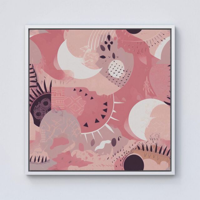 "Warren Reed - Designer Abstract Pink White Framed Canvas in Off-White - Size: W16"" x H16""" - image 1