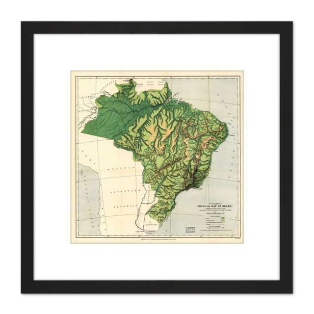 Artery8 Map Wells 1886 Brazil Physical Old Replica 8X8 Inch Square Wooden Framed Wall Art Print Picture with Mount in Black - image 1