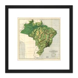 Artery8 Map Wells 1886 Brazil Physical Old Replica 8X8 Inch Square Wooden Framed Wall Art Print Picture with Mount in Black - thumbnail 1