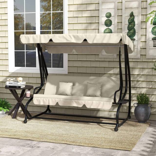 OUTSUNNY 2-in-1 Garden Swing Chair for 3 Person w/ Adjustable Canopy, Cream in White