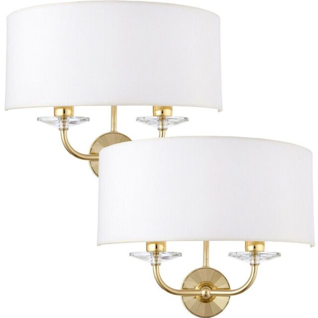 Loops 2 PACK Dimmable Twin Wall Light Brass Glass White Fabric Shade Curved Arm Lamp - image 1