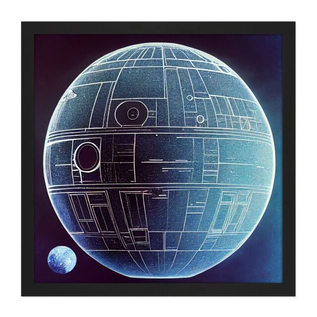 "Artery8 Wall Art Print Death Star Space Station Design Exterior Blue Blue Square Framed Picture 16X16 Inch in Black - Size: W16"" x H16""" - image 1