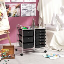 Gymax 9-Drawer Rolling Storage Cart Tools Scrapbook Paper Organizer With Metal Frame in Black - thumbnail 9