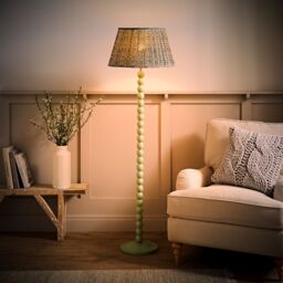 ValueLights Bobbin Bobbles Floor Lamp & Floral Pleated Taper Lamp Shade & Bulb in Pale Green