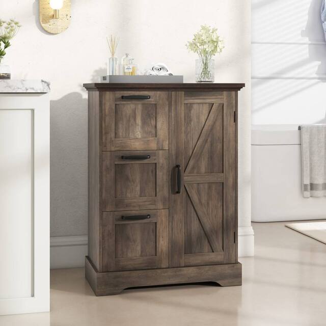Costway Floor Cabinet Farmhouse Accent Cabinet w/ 3 Storage Drawers in Grey - image 1