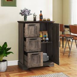 Costway Floor Cabinet Farmhouse Accent Cabinet w/ 3 Storage Drawers in Grey - thumbnail 4