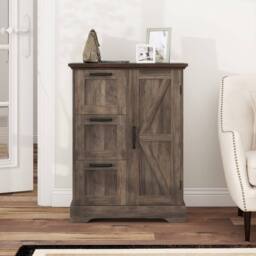 Costway Floor Cabinet Farmhouse Accent Cabinet w/ 3 Storage Drawers in Grey - thumbnail 7