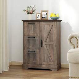 Costway Floor Cabinet Farmhouse Accent Cabinet w/ 3 Storage Drawers in Grey - thumbnail 5