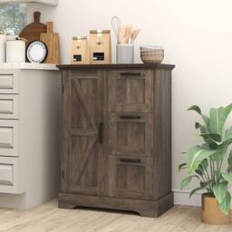 Costway Floor Cabinet Farmhouse Accent Cabinet w/ 3 Storage Drawers in Grey - thumbnail 6