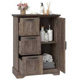 Costway Floor Cabinet Farmhouse Accent Cabinet w/ 3 Storage Drawers in Grey - thumbnail 3