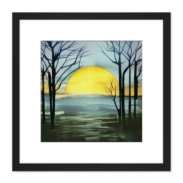 Artery8 Silhouette Trees At Sunset Sunrise Winter Forest Green Watercolour Painting Square Wooden Framed Wall Art Print Picture 8X8 Inch in Black - image 1