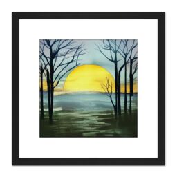 Artery8 Silhouette Trees At Sunset Sunrise Winter Forest Green Watercolour Painting Square Wooden Framed Wall Art Print Picture 8X8 Inch in Black - thumbnail 1