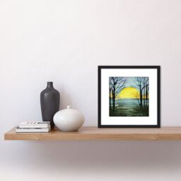 Artery8 Silhouette Trees At Sunset Sunrise Winter Forest Green Watercolour Painting Square Wooden Framed Wall Art Print Picture 8X8 Inch in Black - thumbnail 2