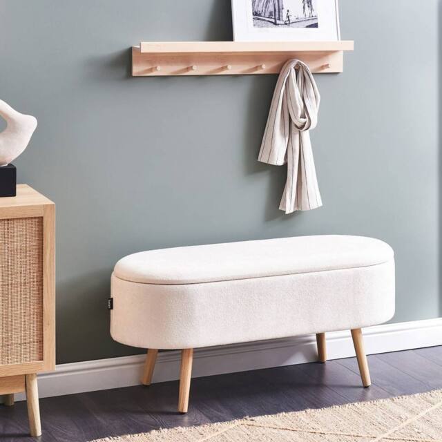 Wyld and Coco Oval Storage Bench with Chenille Upholstery and Solid Pine Legs in White - image 1