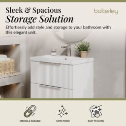Balterley Fluted Wall Hung 2 Drawer Vanity Basin Unit & Basin 600mm, Satin White - thumbnail 2