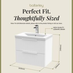 Balterley Fluted Wall Hung 2 Drawer Vanity Basin Unit & Basin 600mm, Satin White - thumbnail 5