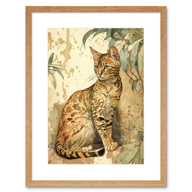 "Artery8 Wall Art Print Marble Coat Bengal Cat Perched on Street Wall Watercolour Artwork Framed 9X7 Inch in Beige - Size: W7"" x H9""" - image 1