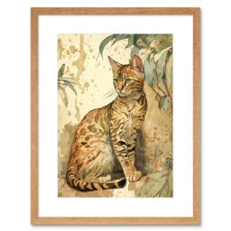 "Artery8 Wall Art Print Marble Coat Bengal Cat Perched on Street Wall Watercolour Artwork Framed 9X7 Inch in Beige - Size: W7"" x H9""" - thumbnail 1