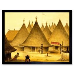 "Artery8 Landscape African Native Village Hut Pot Fire Spear Framed Art Print in Yellow - Size: W12"" x H16""" - thumbnail 1