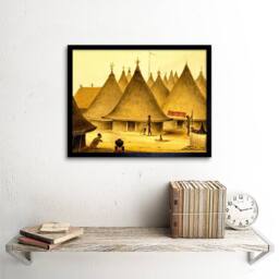 "Artery8 Landscape African Native Village Hut Pot Fire Spear Framed Art Print in Yellow - Size: W12"" x H16""" - thumbnail 2