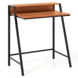 Gymax Computer Desk 80 CM Small Desk Compact Desk with Monitor Stand in Brown - thumbnail 1
