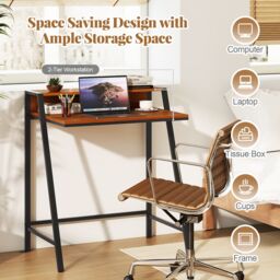 Gymax Computer Desk 80 CM Small Desk Compact Desk with Monitor Stand in Brown - thumbnail 6