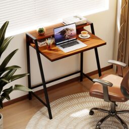 Gymax Computer Desk 80 CM Small Desk Compact Desk with Monitor Stand in Brown - thumbnail 3