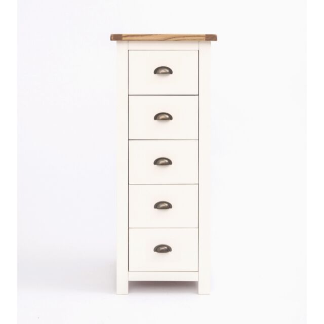 Cabinet Bits Lovere 5 Drawer Narrow Chest of Drawers Brass Cup Handle in Off-White - image 1