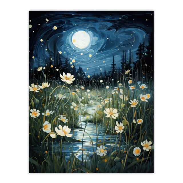 Artery8 Moonlit Dancing Fireflies By Buttercup Brook Artwork Full Moon Night Moonlight Extra Large XL Unframed Wall Art Poster Print - image 1
