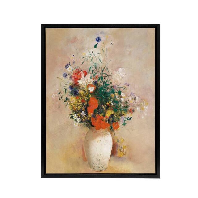 "Artery8 Vase of Flowers in Pink Background Redon Framed Canvas Wall Art - Size: W12"" x H16""" - image 1