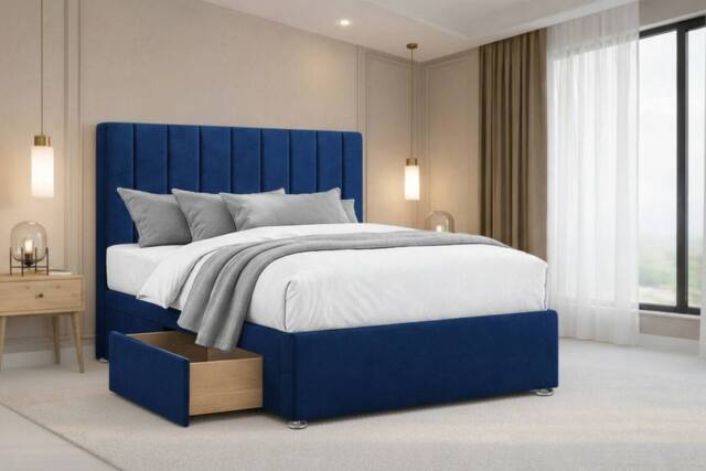 "Nexus Mattresses Ltd Kyoto Plush Divan Bed Base 2 Drawers Foot-End - 26"" Headboard in Blue - Size: Small Double" - image 1