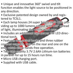 Loops 360Ã‚ ° Swivel Inspection Light - 24 SMD & 3W SMD LED - Rechargeable - Red - thumbnail 2