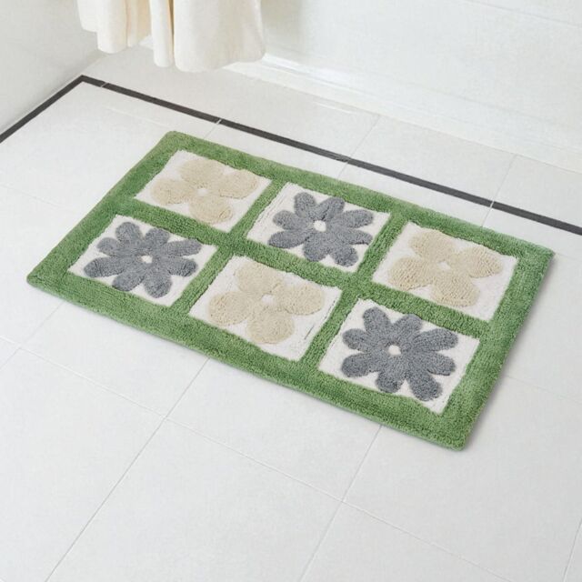 Showerdrape Fiore 100% Cotton Blue Floral Anti-Slip Bath Mat 800 x 500mm in Green - image 1