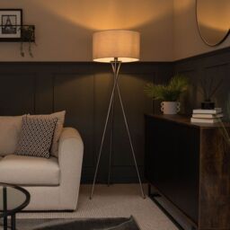 ValueLights Camden Polished Chrome Tripod Floor Lamp with Grey Drum Lamp Shade
