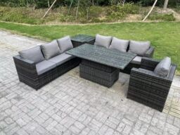 Fimous 7 Seater Wicker Garden Furniture Rattan Sofa Set Outdoor Adjustable Rising Lifting Dining Table Set Armchair in Dark Grey - thumbnail 2